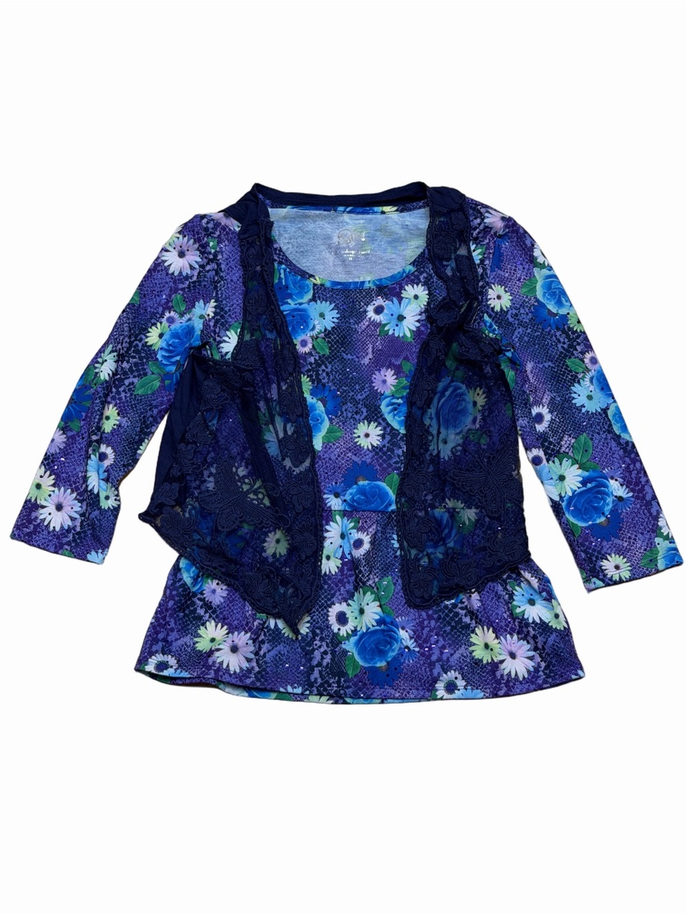 Justice Girls Size 16 Purple Blue Floral Lace Vest Layered Tunic Top 3/4 Sleeve